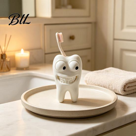 Fun Dental Clinic Supplies 3D Printed Smiling Tooth Toothbrush Holder, Funny Desk Figurine, Small Sculpture Creative Shaped Storage Stand for Bathroom