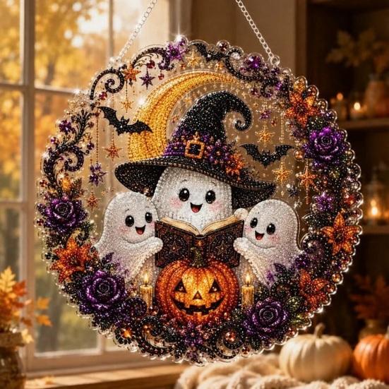 Halloween Diamond Painting Kits Ghost/Owl Art Hanging Ornament Kit, Festive Window Decorations Suncatcher, DIY Pendant Decor Indoor Holiday Decorative
