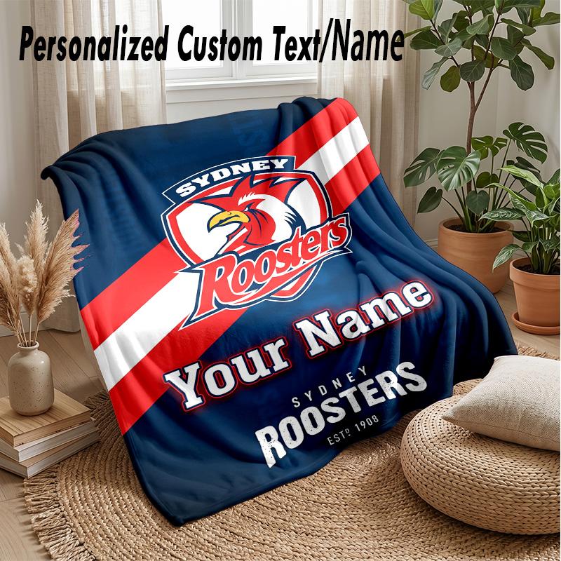 Sydney Roosters Custom Flannel Throw Blanket Print Your Name Text Soft Warm Blanket Holiday Present