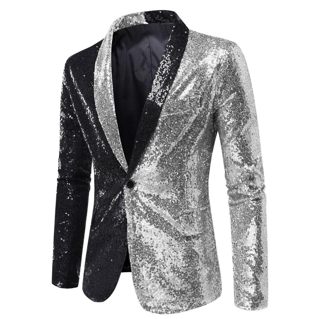Men Stylish Two Color Conversion Shiny Sequins Blazer Suit Jacket for Dinner Party Wedding Nightclub