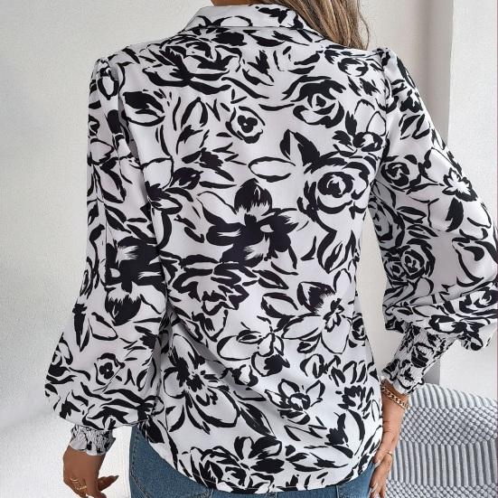 Women Shirt Lapel Lantern Long Sleeve Elastic Cuffs Casual Tops Single Breasted Flower
