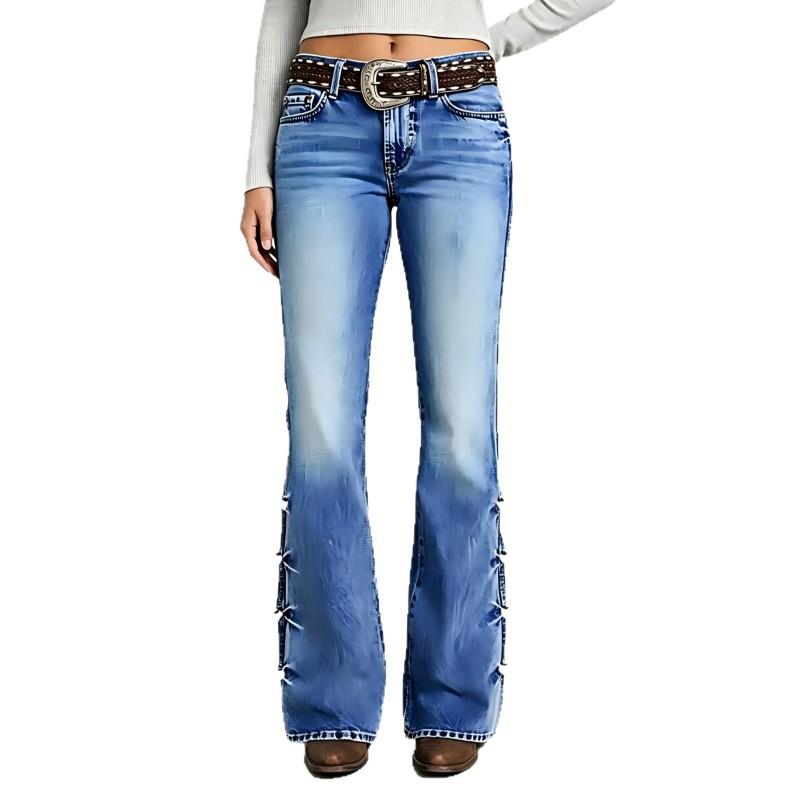 High Waist Flared Jeans With Side Button Detail Stretch Slim Fit Denim Pants Women