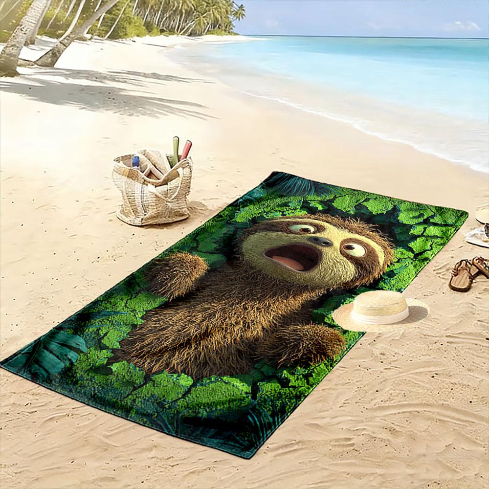 Surprised Sloth on Green Background A must-have beach towel for beach travel