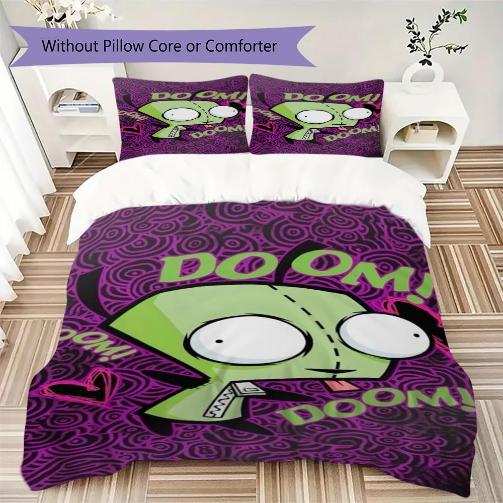 Invader Zim Pattern Bedding,Quilt Set Quilt Cover Pillowcase Home Birthday Gift(1 * duvet cover + 2 * pillowcase, without core)_lx