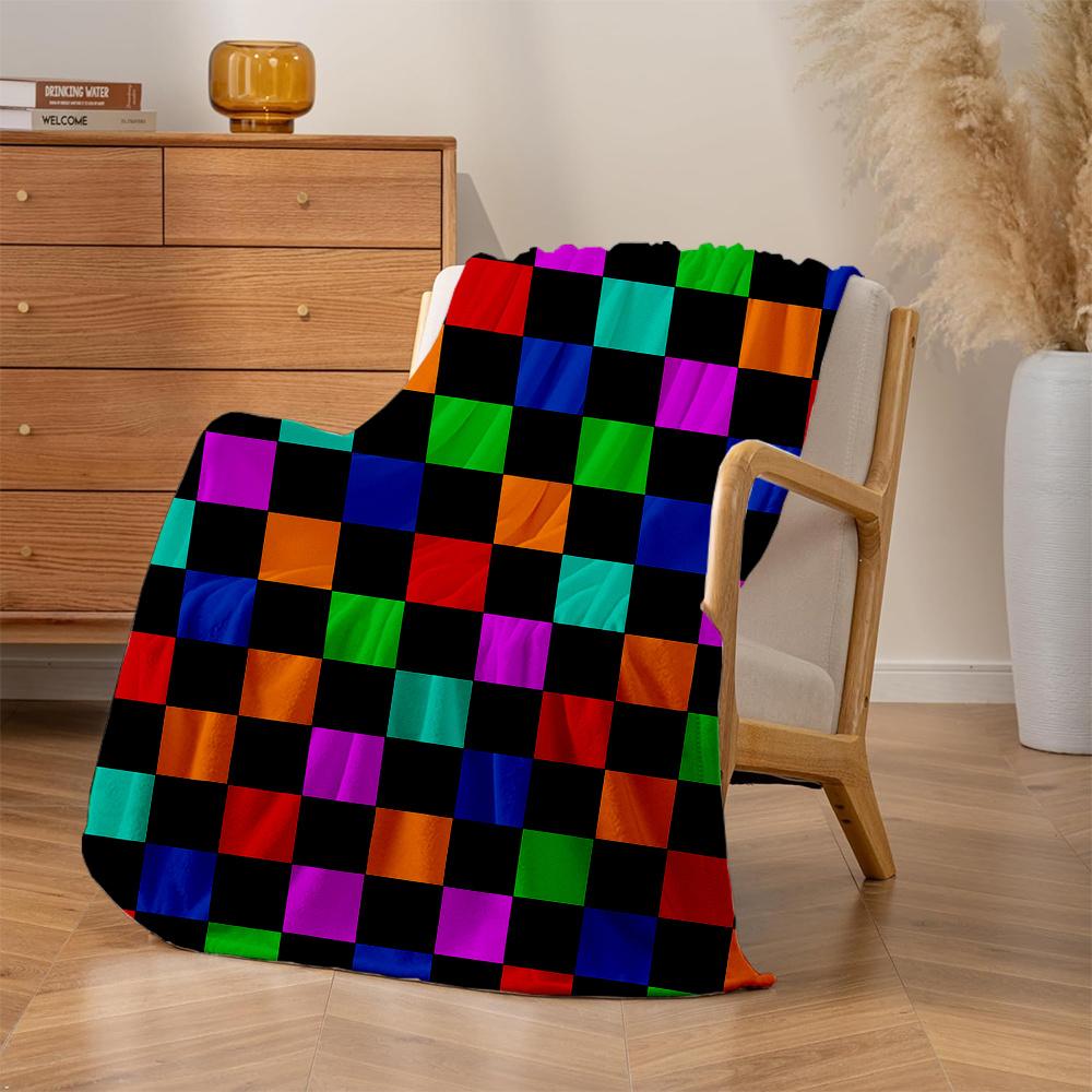 1pc Mondrian-Style Multicolor Geometric Block Print Plush Fleece Blanket - Soft Warm All-Season Bedspread with Iconic Black Whit
