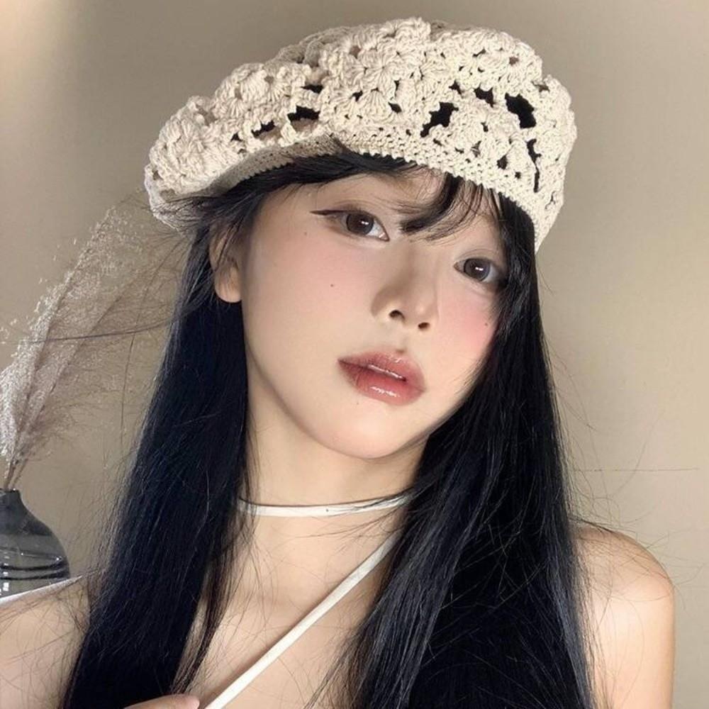 Japanese Style Flower Hat Thin Crochet Knitted Cap Painter Hat Hollowed Out Beret Women