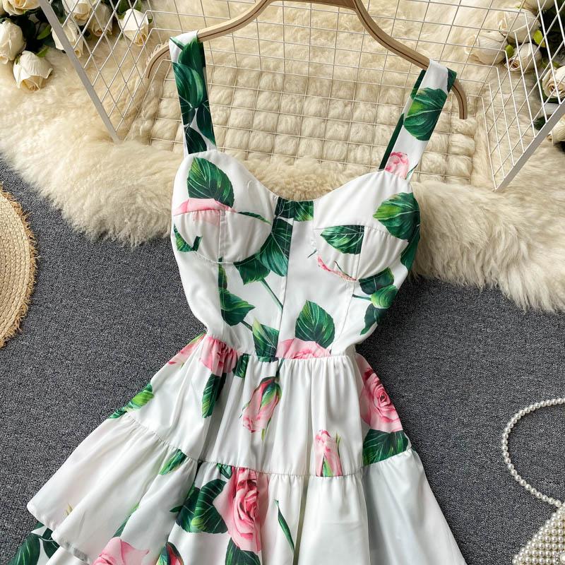 Ladies Elegant Printed Printed Dress Summer New Slim Short Multi-layer Ruffled Holiday Sling