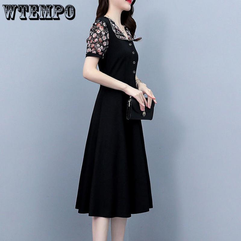 Женская мода шифоновые платья с короткими рукавами и цветочным принтом Элегантное платье трапециевидной формы средней длины