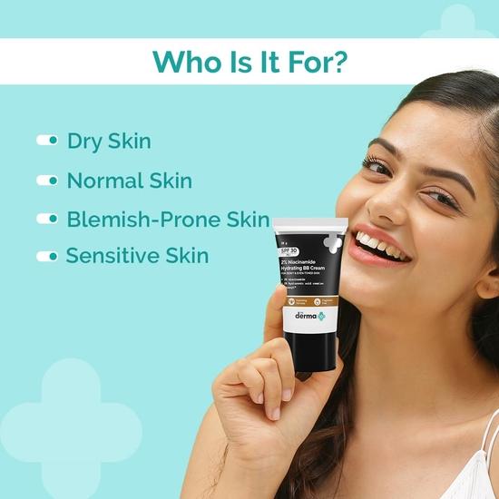 Derma Co 2% ниацинамид, увлажняющий, сияющий, увлажняющий, для всех типов кожи, со средней степенью покрытия, с SPF 30 Pa++, обогащенный 1% комплексом гиалуроновой кислоты