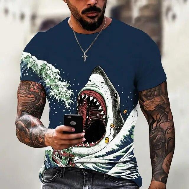 T Shirt For Men Anime Shark Print Men's T Shirt Hip Hop Style Short Sleeve Tops Summer Round Neck Streetwear Oversized Tees