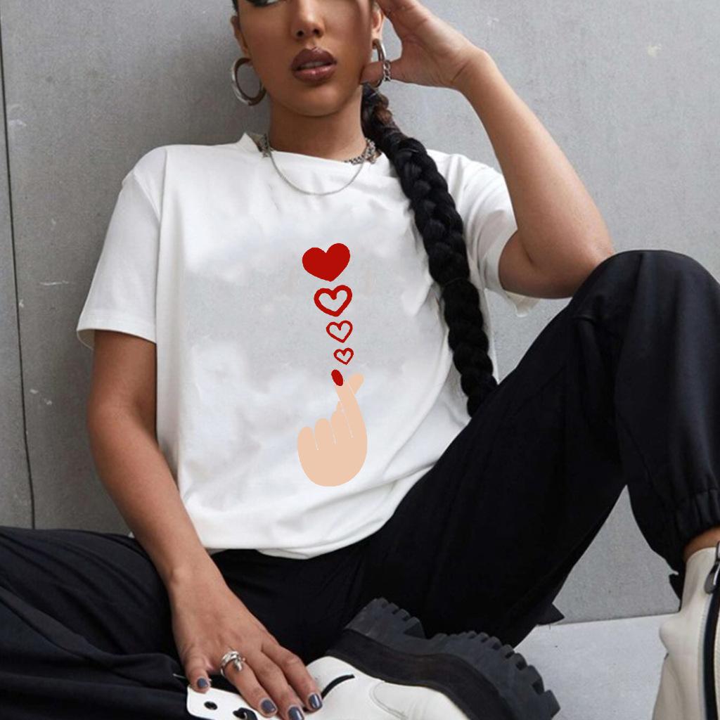 Polyester 100% New Valentine's Day Casual Pullover Round-neck Short-sleeved T-shirt with A Heart-shaped Finger Print Graphic