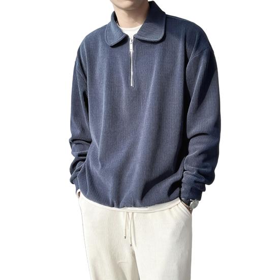 Men Fall Spring Top Half Zipper Turn-down Collar Corduroy Loose Vertical Striped Solid Color Long Sleeves Pullover Office Shirt for Commuting School