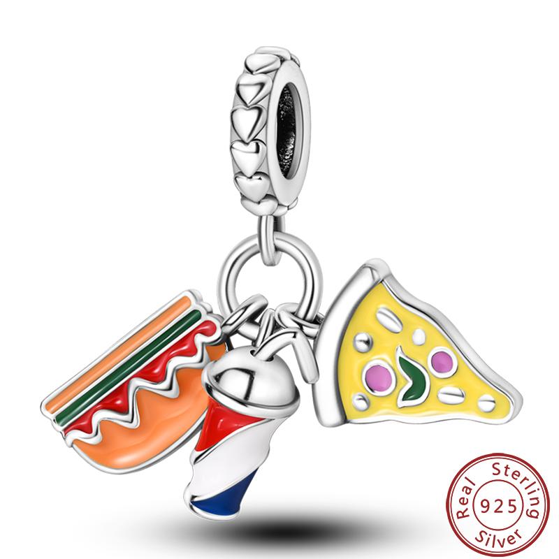 Dessert Afternoon Tea Series 925 Silver Coffee Cake Pizza Fries Sweet Charms Beads 3mm DIY Fine Jewelry Making