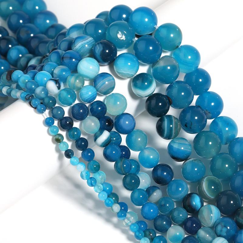 Ocean Blue Banded Stripe Onyx Agate Stone Beads 4-12mm Loose Beads for Jewelry Making Bracelet Accessories DIY
