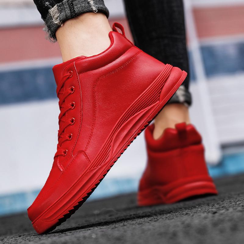 Fashion Autumn Men's Red High Top Sneakers Leather Casual Shoes Men Flat Designer Shoes Breathable Hip Hop Sport Shoes for Man Sneakers