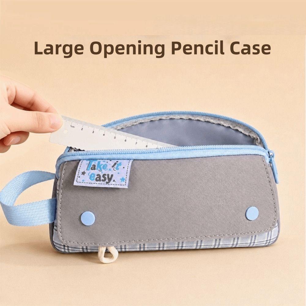 Simple Plaid Style Pencil Case Large Capacity Stationery Organizer Handheld Pen Bag Gifts