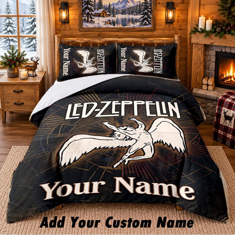 Led Zeppelin Pattern Bedding 3Pcs Set Custom Name, Bed Sheet And Pillowcases For Home Bedroom