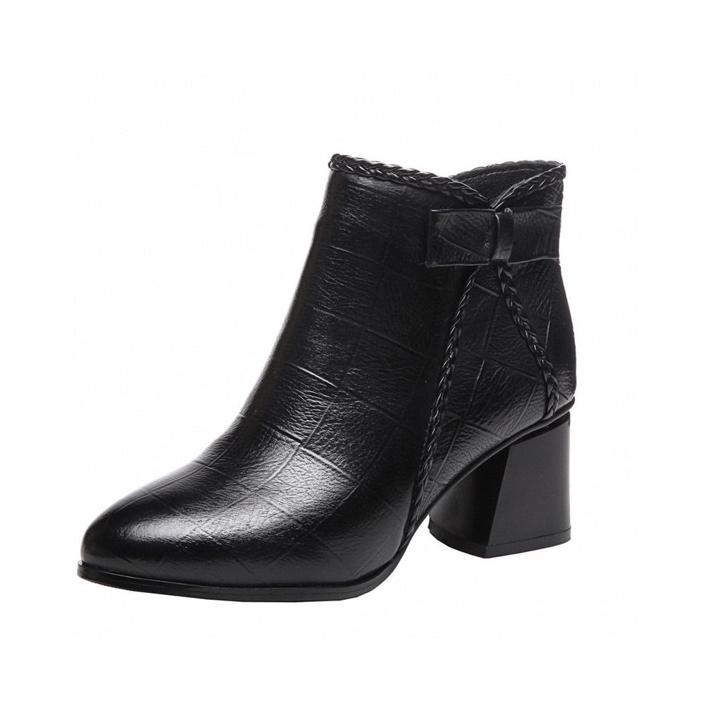 Pointed Bow Short Boots Women's New Thick Heel Fashion Boots First Layer Plaid Cowhide Ankle Boots Women's Cotton Boots