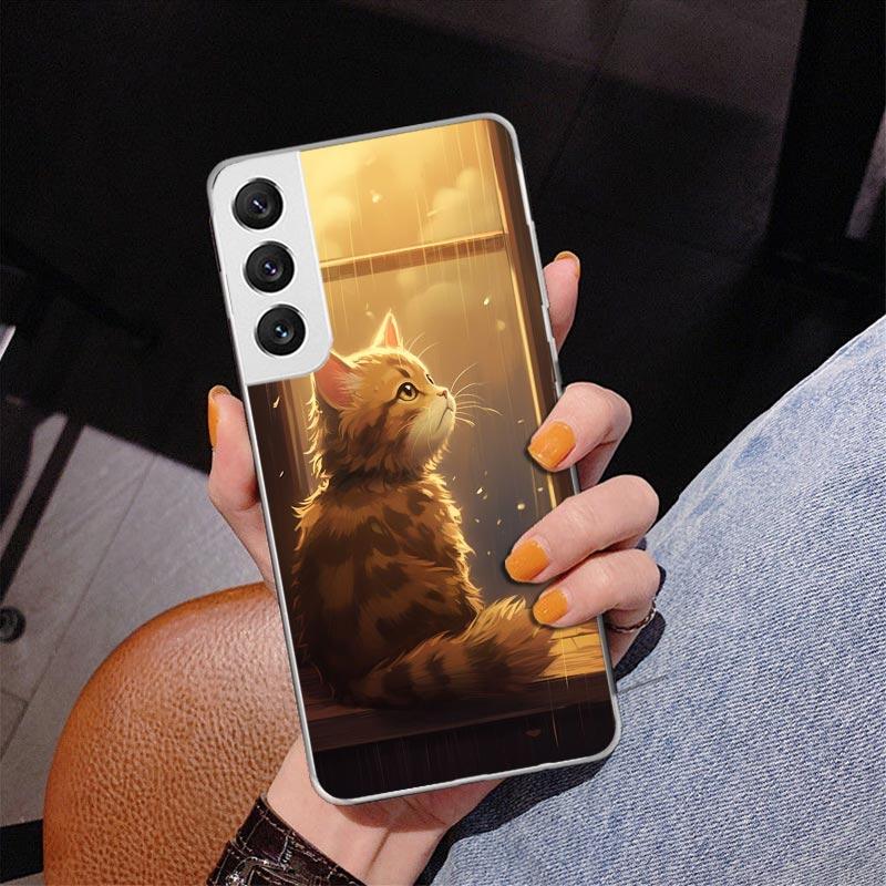 Аниме Кот Дождь Животное Чехол для Телефона Для Samsung Galaxy S24 S25 Edge S26 Ultra S23 S22 S21 Plus S20 FE + Персонализированный Чехол с Печатью Ga