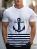 Men'S White And Blue Striped 3D Anchor Print T-Shirt - Lightweight Beachwear, Designed in a Nautical Style, Featuring a Casual Round Neck, Suitable