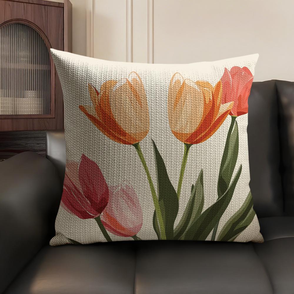 Watercolor Tulip Painting Cushion Cover Natural Linen Organic Fabric DoubleSided Printing Sofa Home Decor Gift Pillow Case