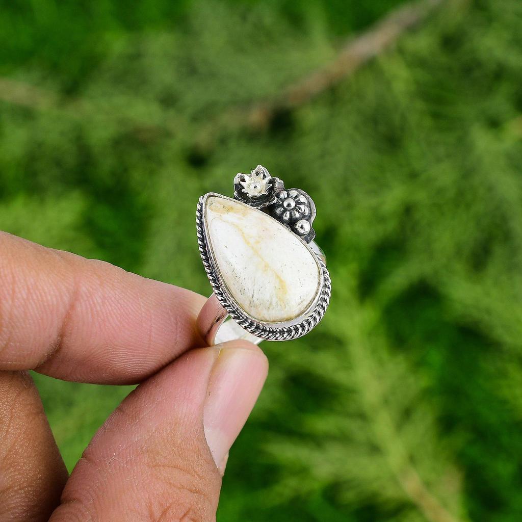 925 Sterling Silver Natural Scolecite Boho Flower Bezel Statement Ring Jewelry