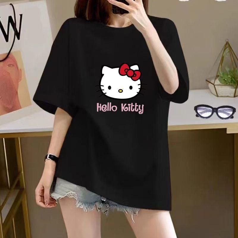 Sanrios 2026Summer New Collection HelloKitty Cartoon Print Pure Cotton Fitting Breathable Womens ShortSleeved TShirt