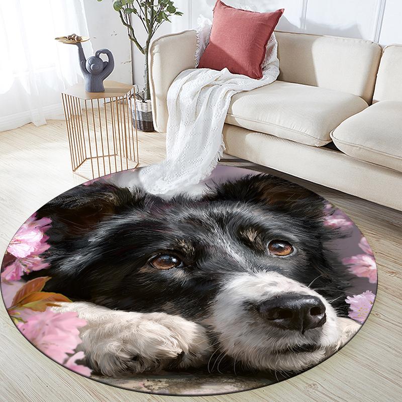 Border Collie and Fresh Flowers pattern round rug,Carpet Rug for Living Room Bedroom Playroom ,Non-slip Floor Mat,Holiday Gifts and Birthday Gifts.