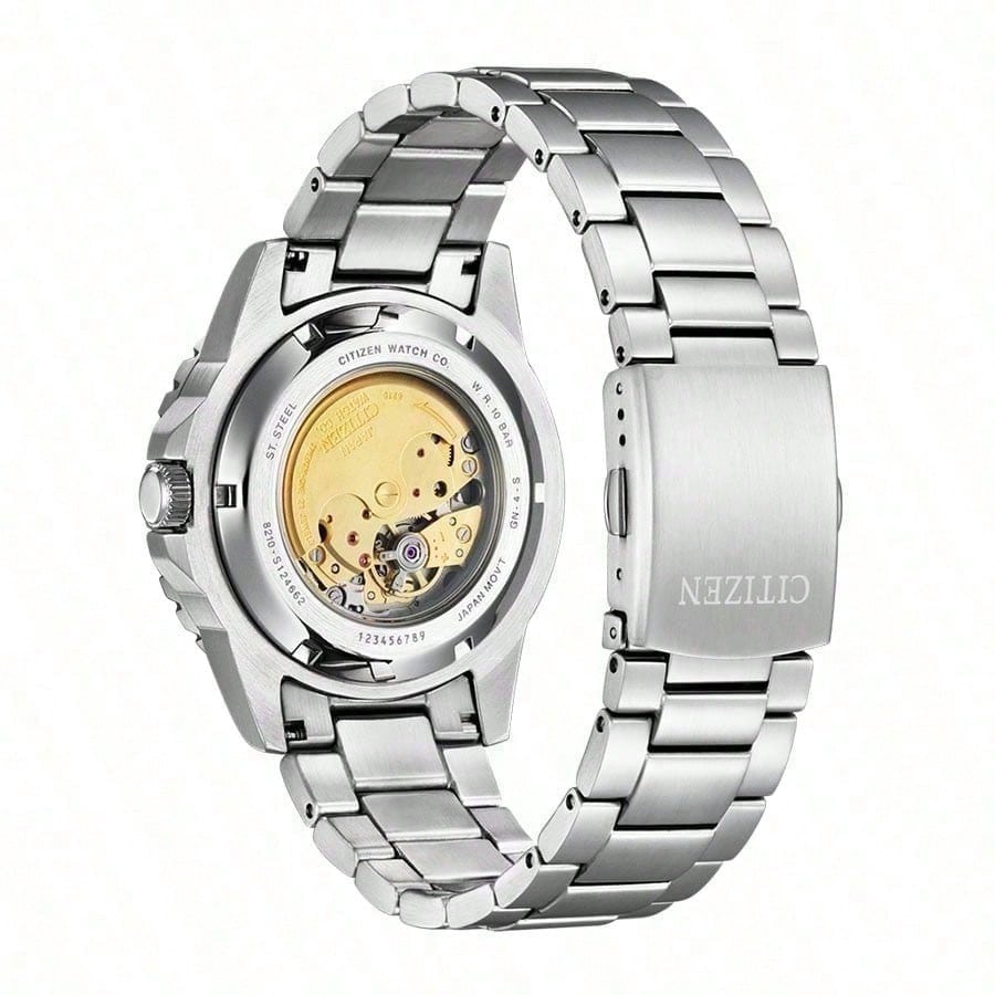Citizen Модные часы AquaMechanical: Механический механизм, Ремешок из нержавеющей стали, Японско-корейский стиль для мужчин, Оранжевый циферблат, Модель NJ0128-80X