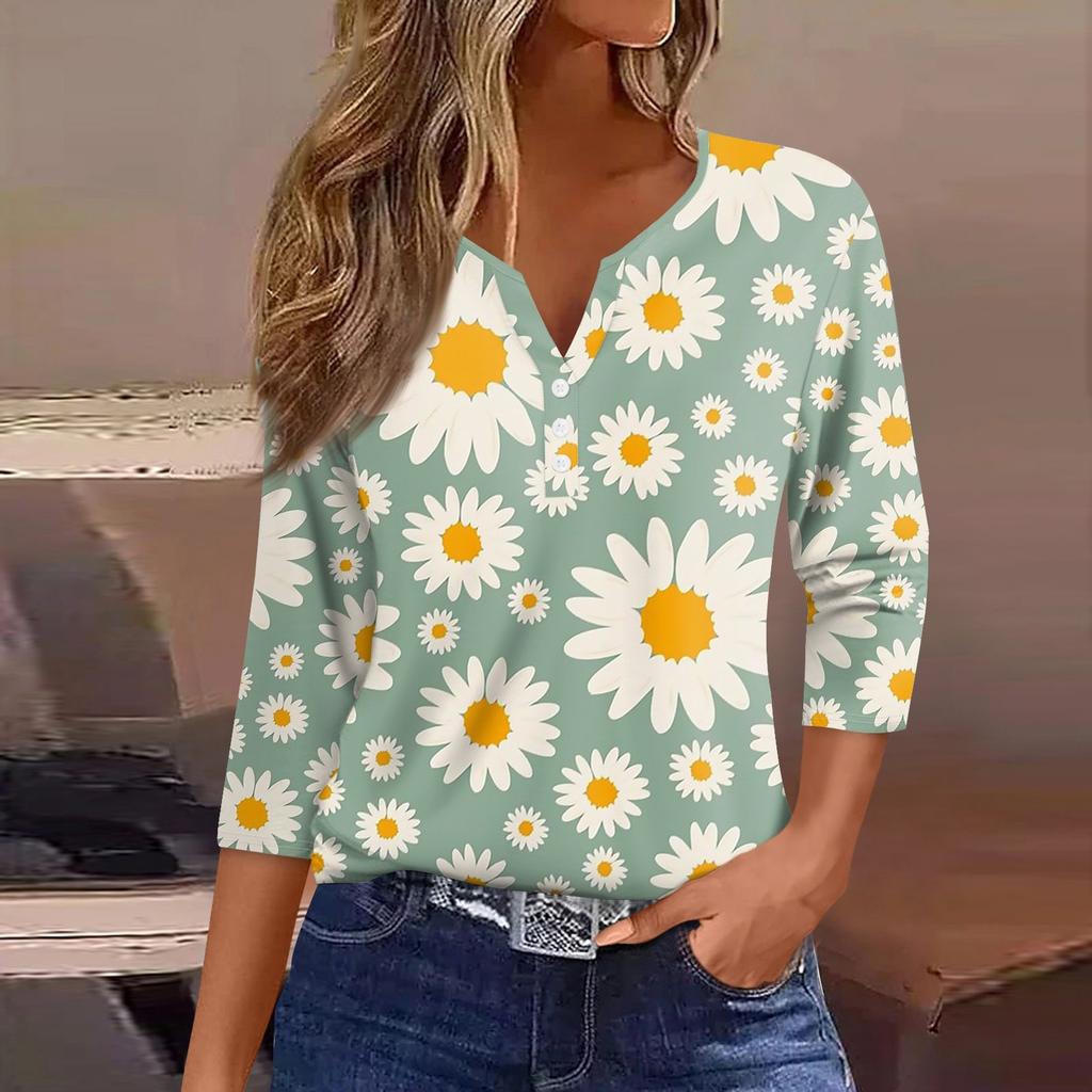 Жен. Футболка Футболка С принтом Пуговицы Рукав 3/4 Повседневные Выходные Мода Классический Классический V-образный вырез Обычный Верх