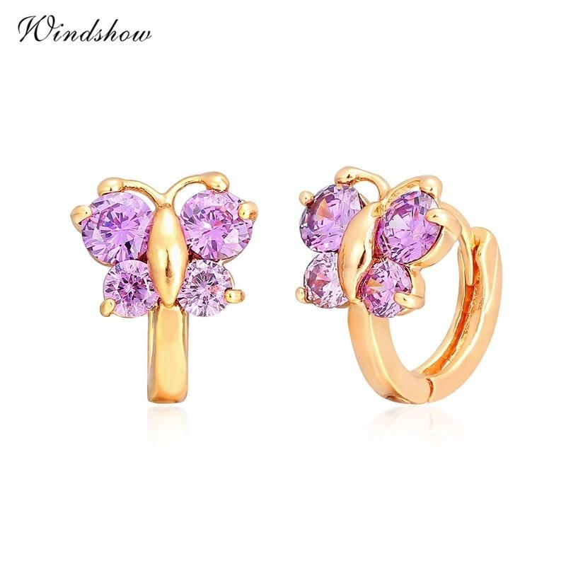 Windshow Cute Pink CZ Butterfly Small Huggie Hoop Earrings for Women Girls Kids Children Baby Yellow Gold Color Animal Jewelry