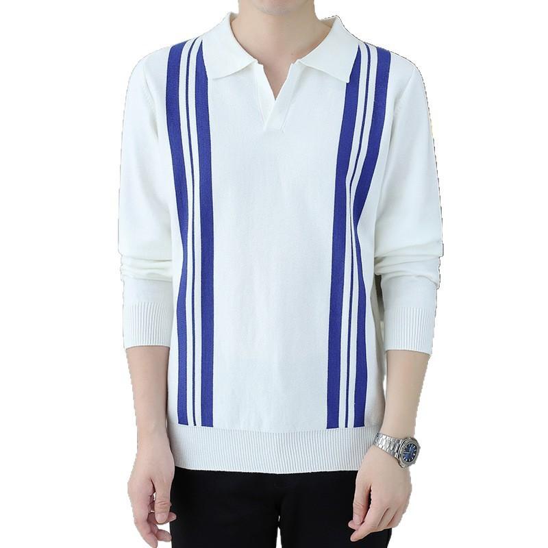 Mens Slim Fit Ribbed Knit Polo Sweater With Turn-Down Collar Striped Contrast Color Casual Winter Wear