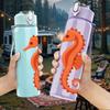 1PC Single Seahorse Line Illustration 750ml Color Plastic Sports Water Bottle Leakproof Flip Straw Lid Suitable for Sports Office Home Use