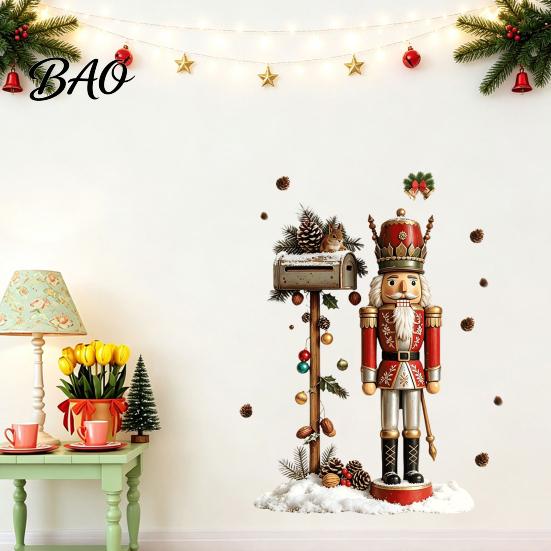 Christmas Atmosphere Wall Decals for Fridge Nutcracker Soldier Decal, Vintage Mailbox Snow Scene Self-Adhesive Party Background Decor Sticker,
