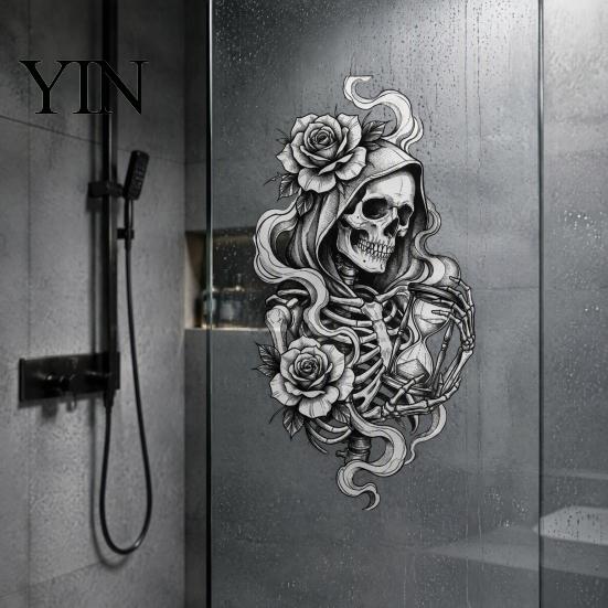 Customizable Glass Sticker Halloween Skeleton And Rose Static Window Clings, Removable Sketch Skull & Easy Install Film Flower Sticker, Waterproof PVC