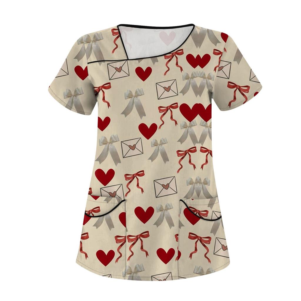 Женская мода с бантом и принтом, короткий рукав, рабочая одежда с двойными карманами