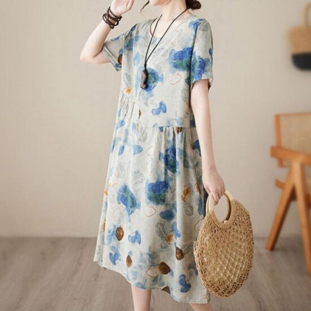 Navava Retro Art Printing Short Sleeve Round Neck Dress No906