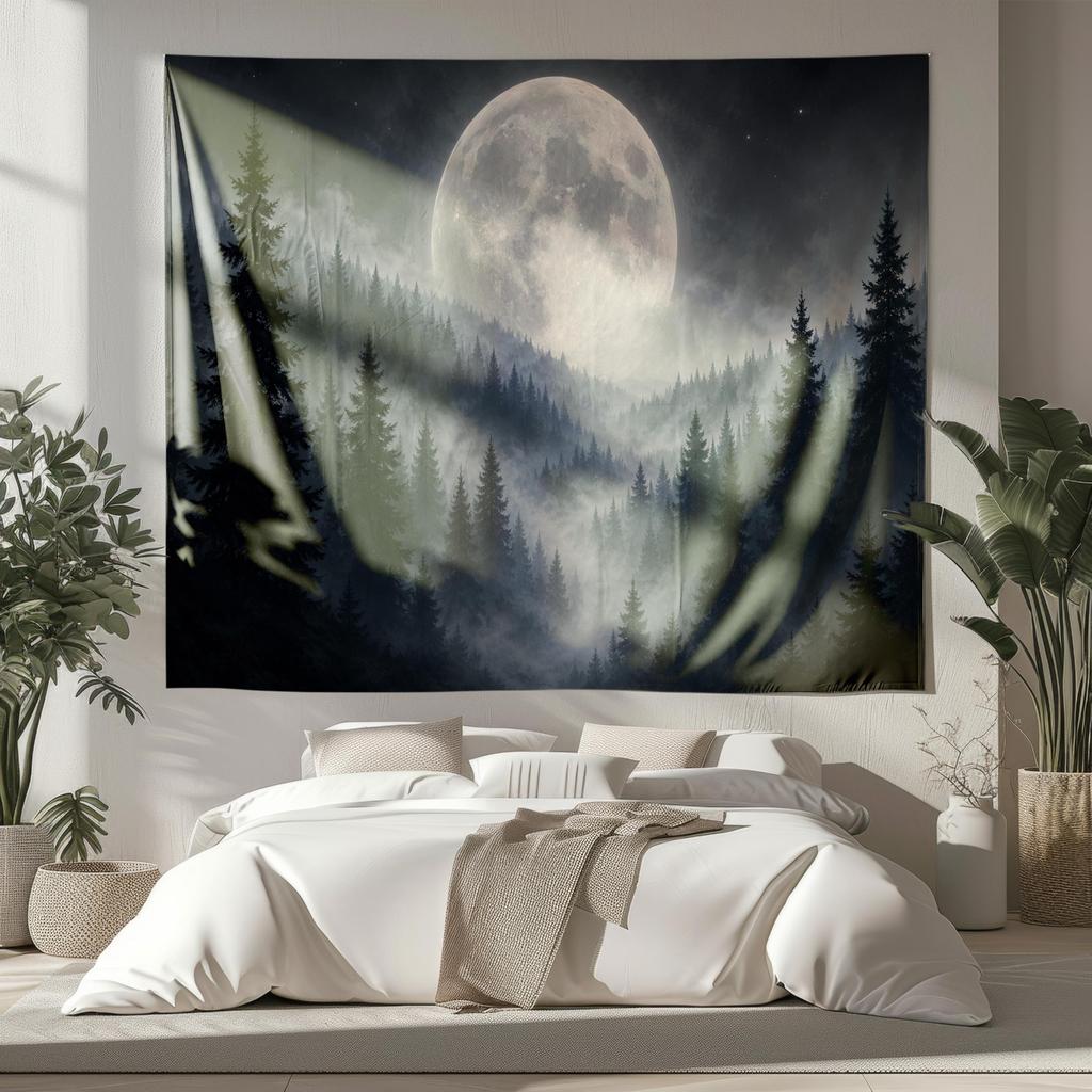 Full Moon Forest Tapestry Misty Pine Mountain Wall Hanging Dark Nature Landscape Celestial Gothic Woodland Wall Decor