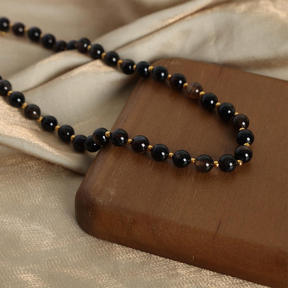 Natural Agate Round Beads Beaded Ot Buckle Necklace Titanium Steel Versatile Personality Exquisite Temperament Collarbone Chain Maillard Accessories