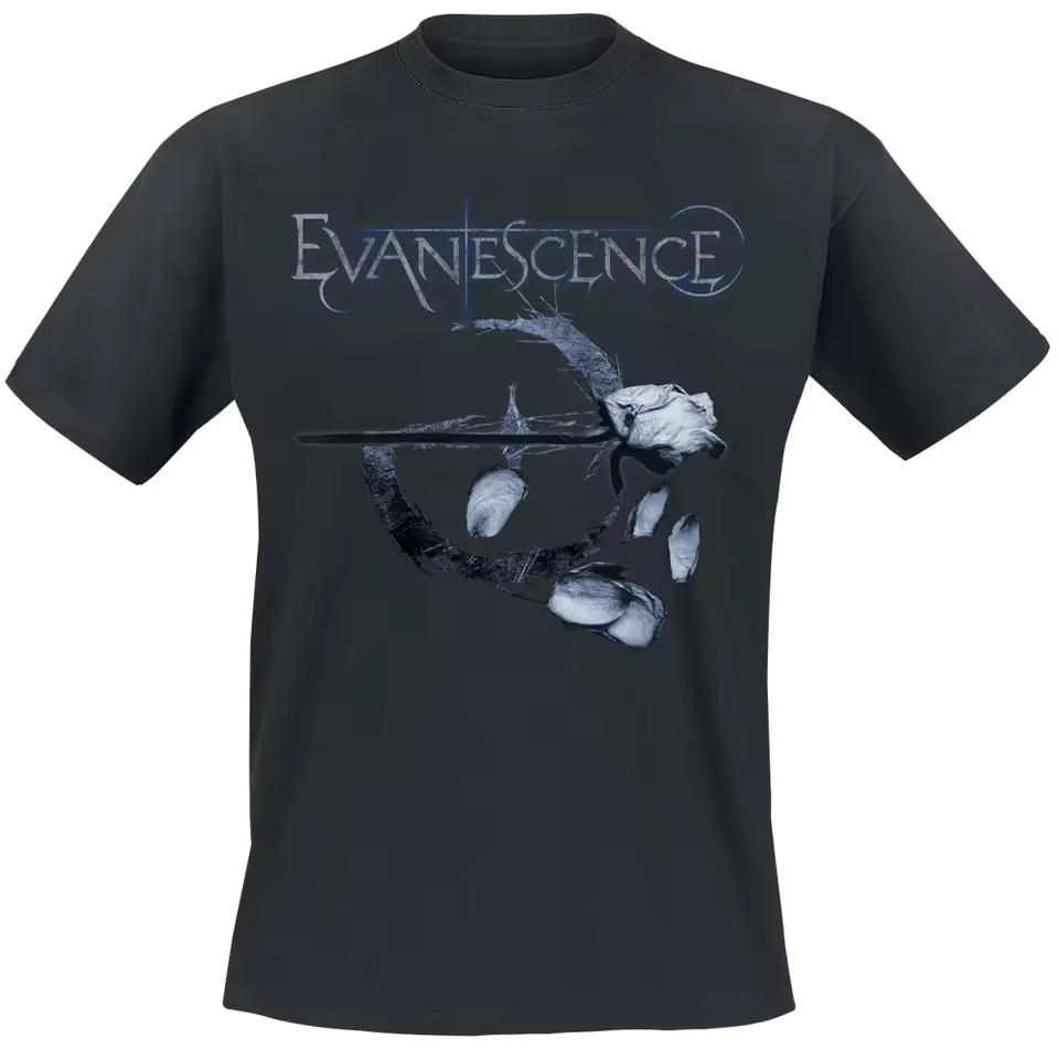 Evanescence Thorn Rose Tee, Gothic Rock T-Shirt with Withered White Rose & Crescent Print, Band Fan Merch