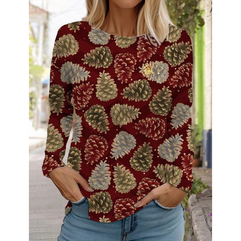 Женская футболка с длинным рукавом и рождественским принтом оленей, спортивный повседневный милый полиэстер с круглым вырезом и длинным рукавом