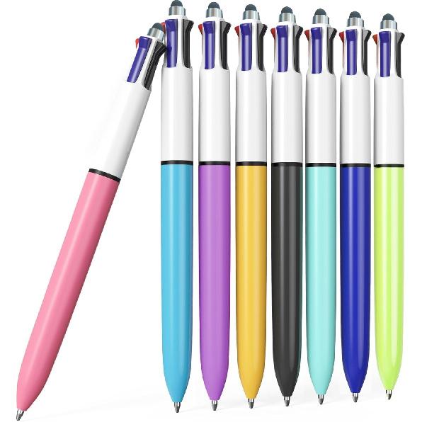 8-Pack Multicolor Ballpoint Pens with Stylus Tip - 4 Colors in One (Red, Blue, Black, Green) 1.0mm Smooth Writing for Planners