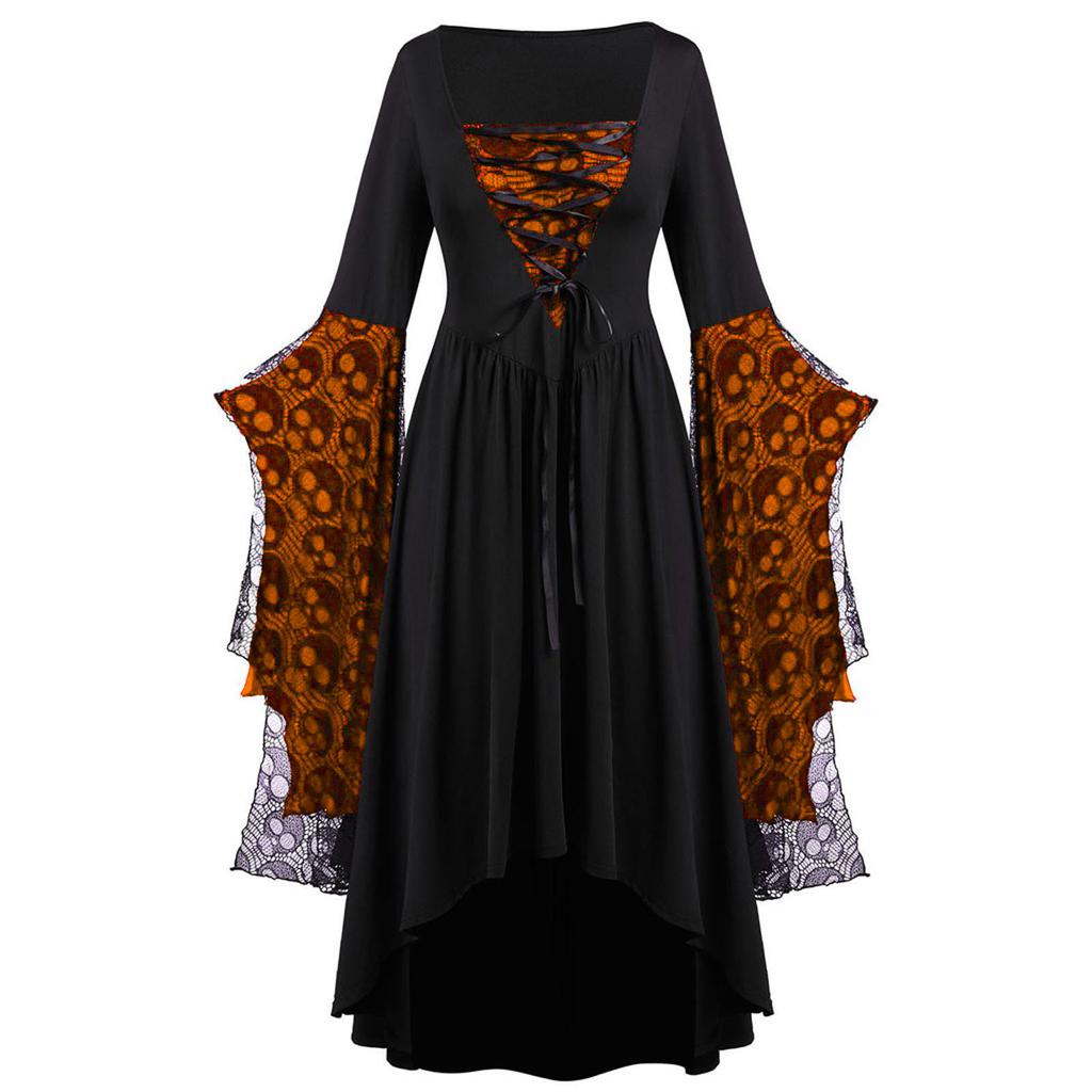 Women European Retro Medieval Court Style Halloween Cosplay Costume Adult Skull Strap Dress Up Party Outfit