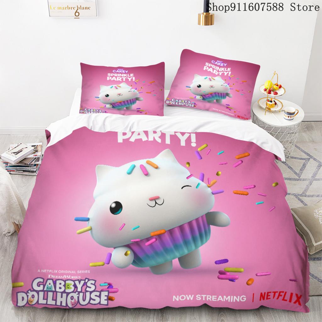 Постельный набор «Кукольный домик Габби» Кавайный комплект постельного белья Односпальный Двуспальный размер Домашний декор Для девочек Детей Мультяшный Милый Кот Комплект пододеяльника