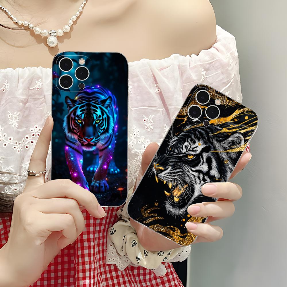 Неоновый чехол для мобильного телефона с тигром для iPhone 17 16 15 14 13 12 11 X XR XS Air Pro Max Plus Mini Прозрачный Цветной Чехол Чехол
