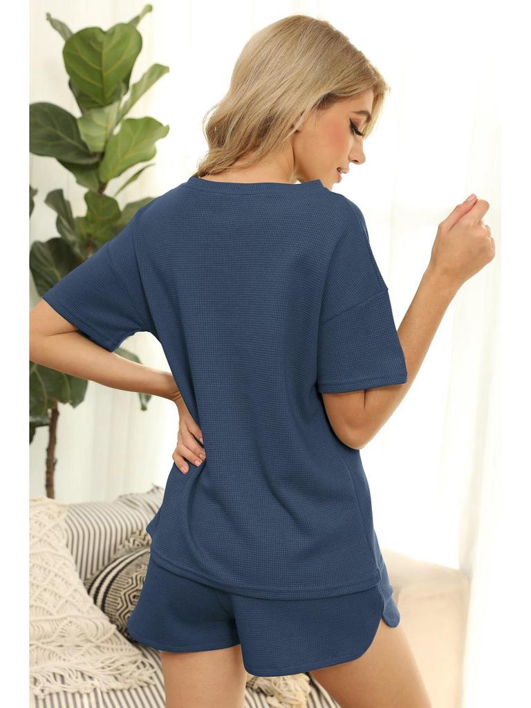 Женский повседневный трикотажный вафельный костюм-двойка 2024: Топ с коротким рукавом и шорты