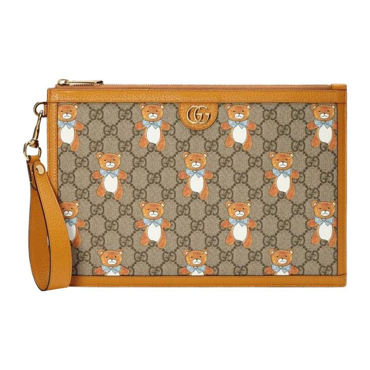 Gucci Сотрудничество X Kai Винтажный Принт с Логотипом Плюшевого Мишки Холст и Кожа Клатч Унисекс Клатч Эбеновый Коричневый 660162-2YLAG-8695