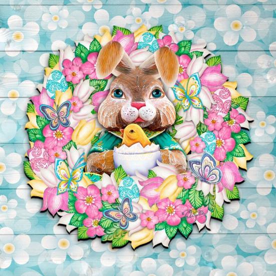 Easter Bunny Wreath Door Sign Wooden Rabbit Wreath Hanging Sign Spring Easter Holiday Party Door Hanger Wall Art Decoration