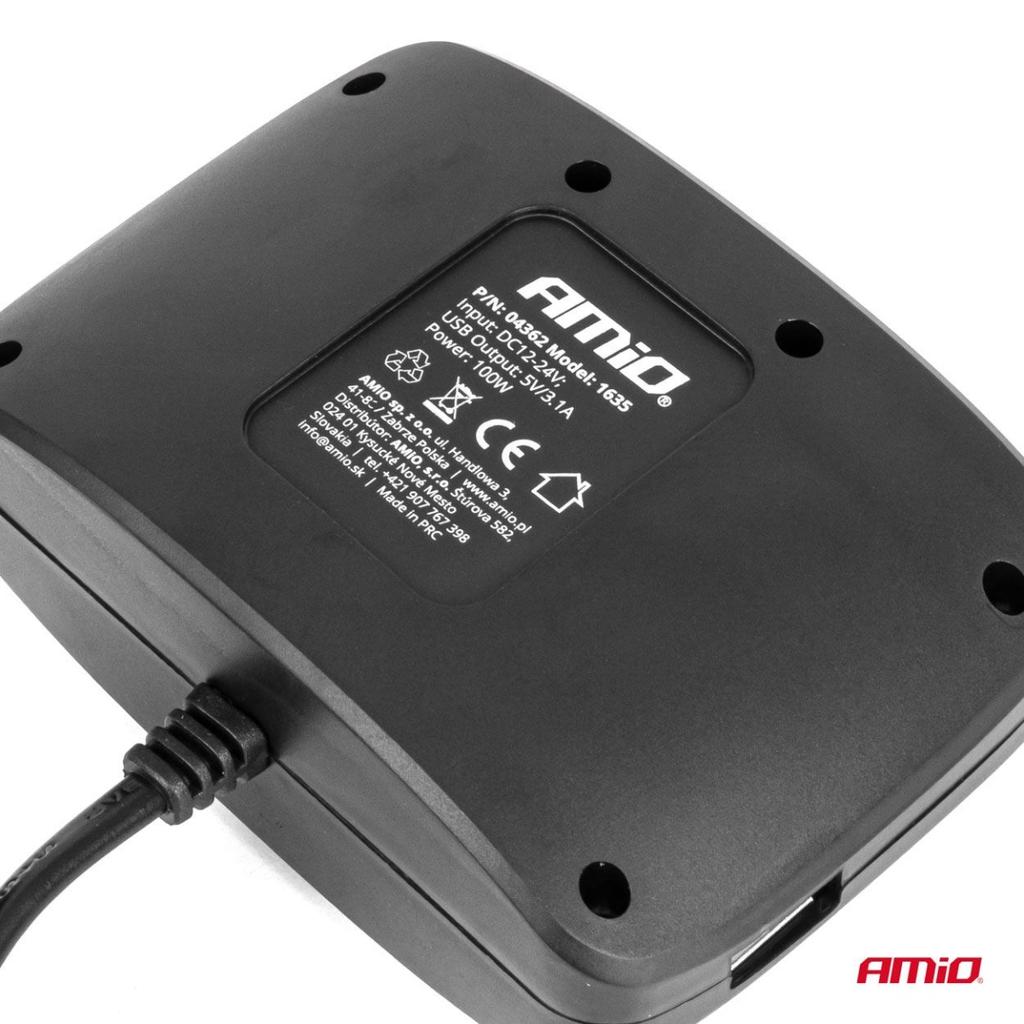 Cigarette lighter socket splitter with charger 2x USB-A ON/OFF 12V 24V 100W 70cm AMIO-04362