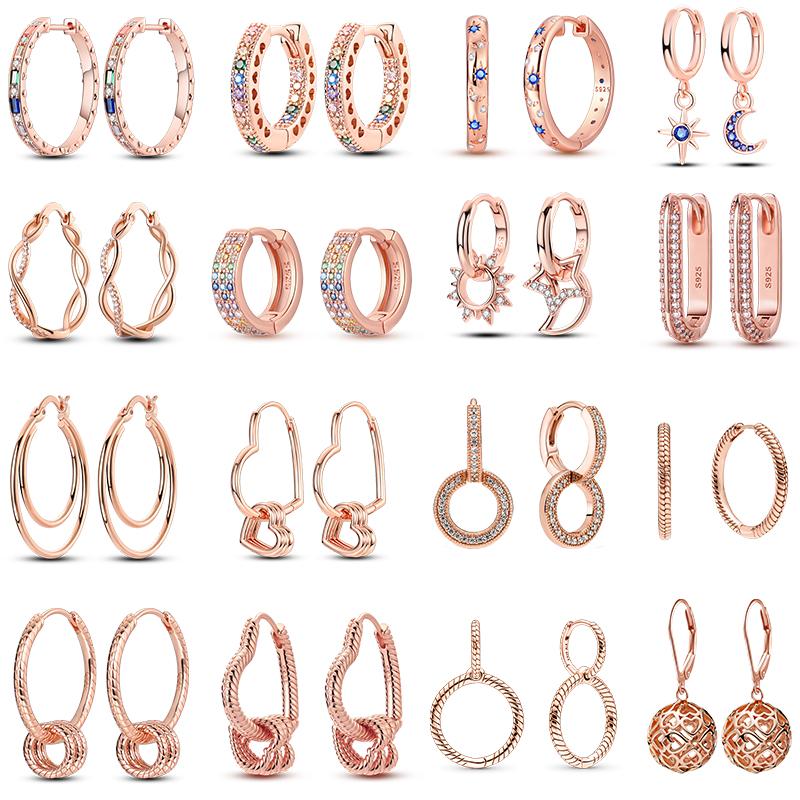 New 925 Sterling Silver Earrings for Women Luxury Rose Gold Color Heart Star Moon Earrings Fine Birthday Wedding Jewelry Gifts
